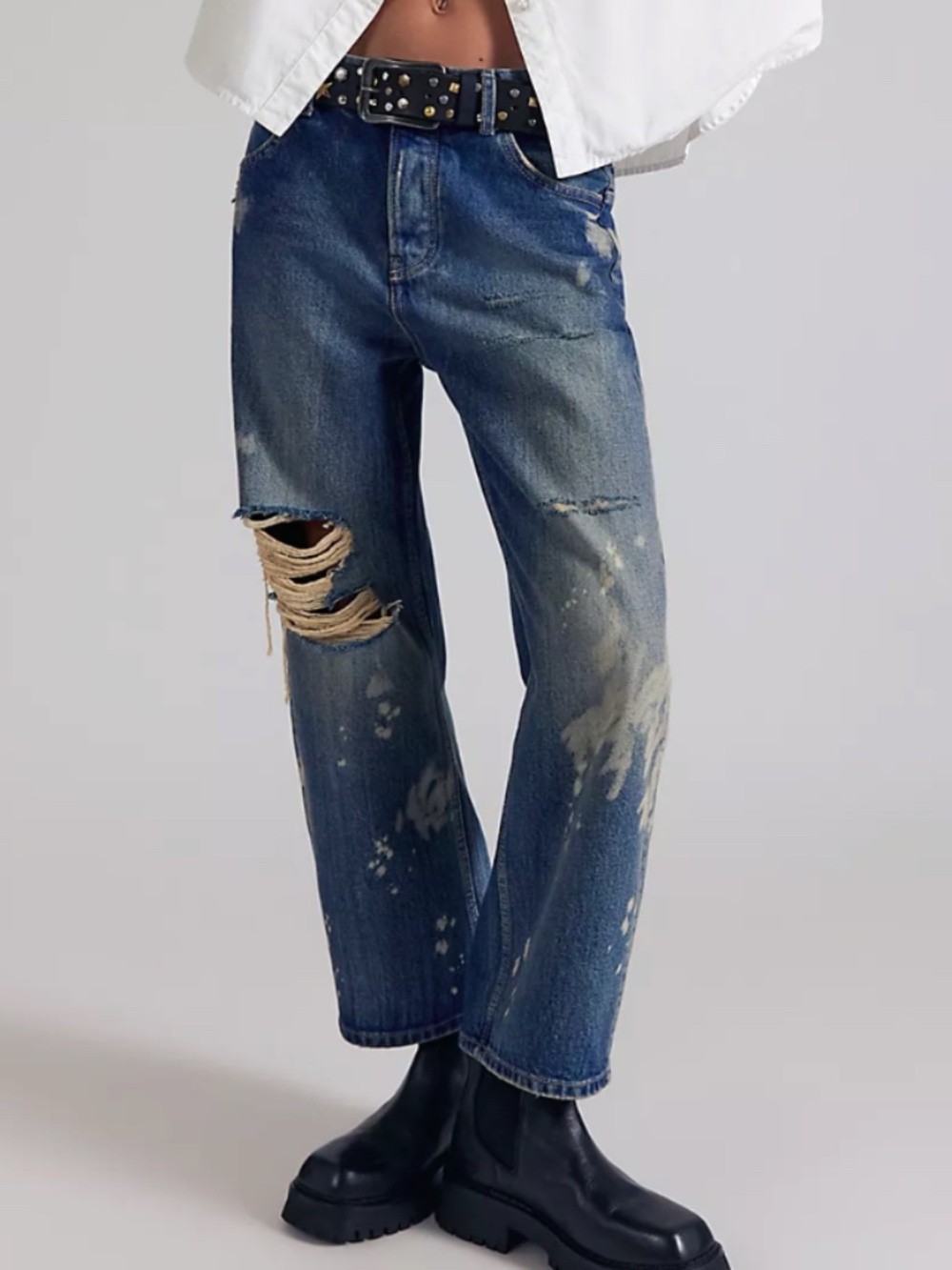 NWT Free People We The Free Deep Trance Boyfriend Barrel Jeans, Blue Delphinium
